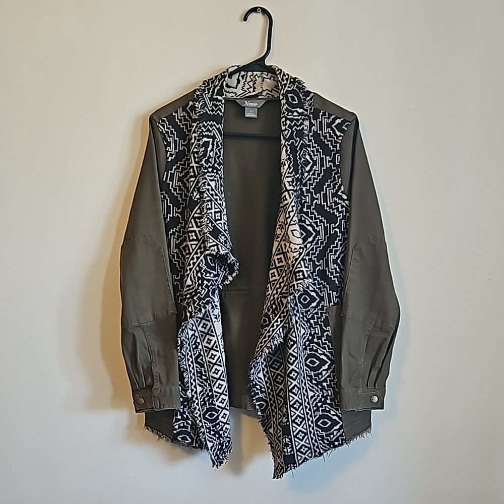 Olive Green Jacket w Patterned Shawl Collar  (Blue and White)